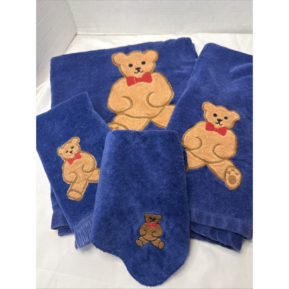 VTG Ames Teddy Bear Navy Blue Towels Cotton Baby Boy Bath Set Cottagecore
